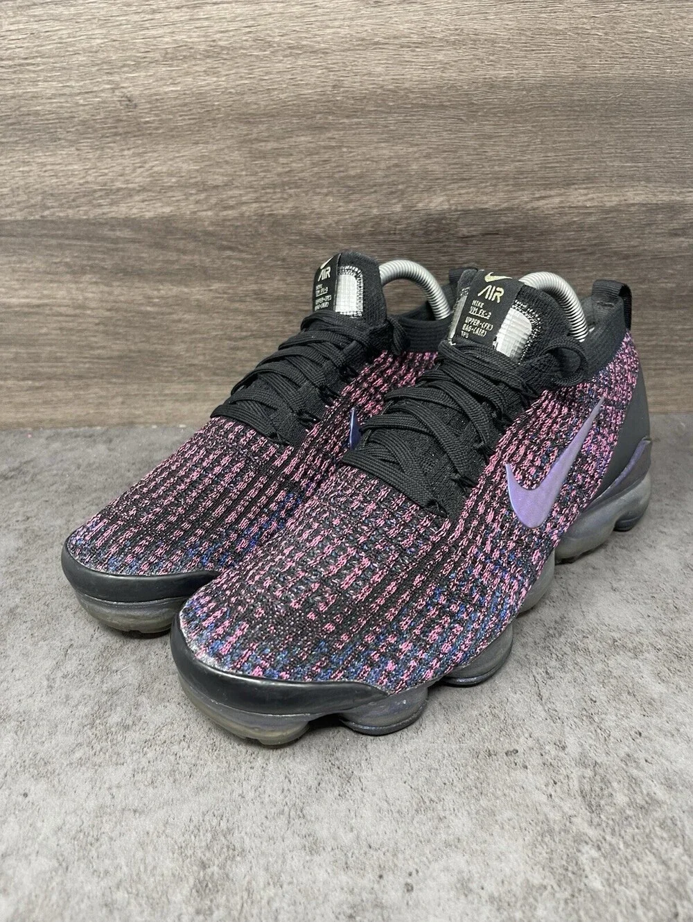 Nike Air VaporMax Flyknit 3 Black Pink Blue Womens Size 8.5 Running Shoes